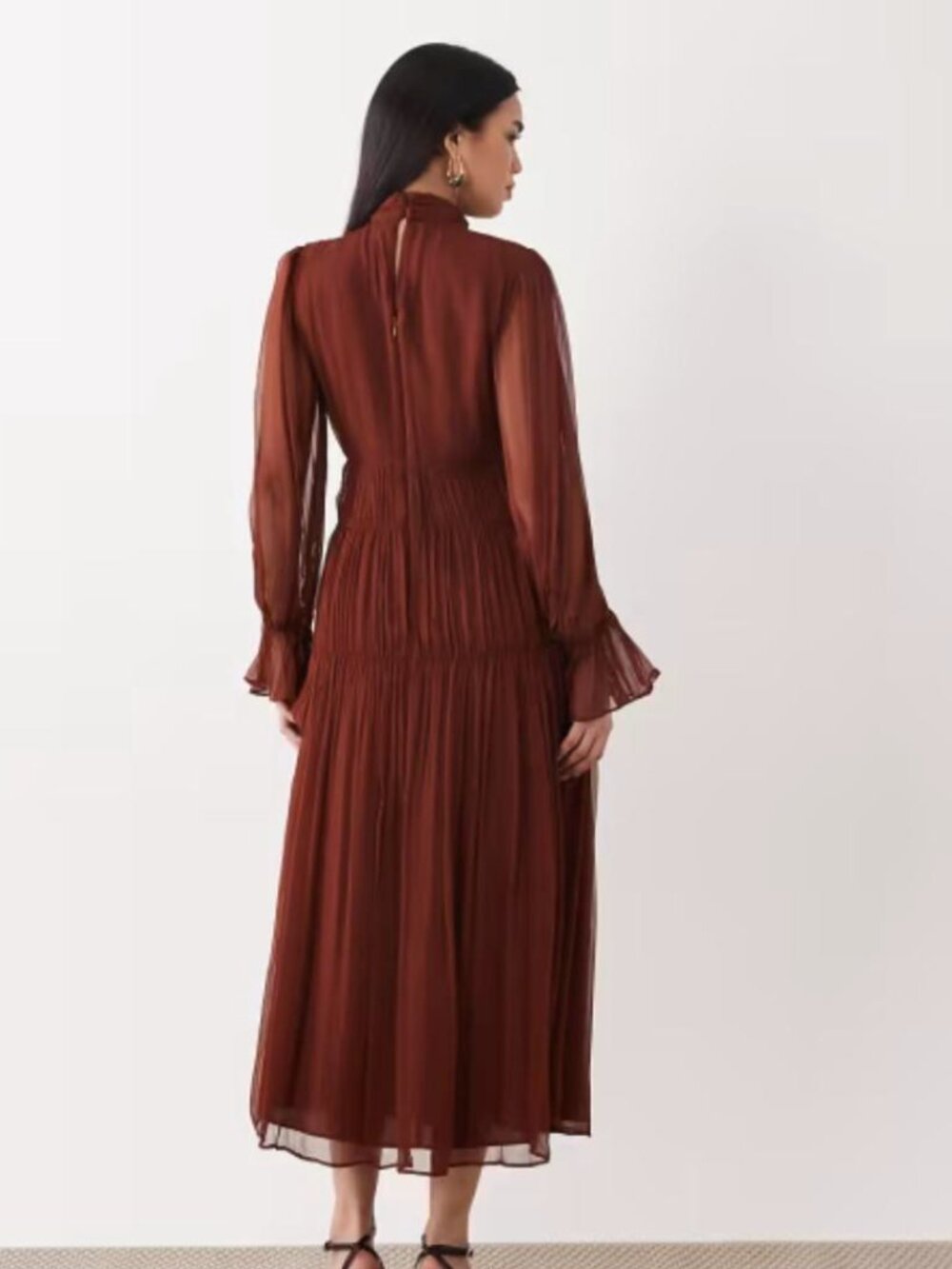 Mango High Neck Boho Tiered Sheer Midaxi Dress | Brown | Size M | NWT - Picture 3 of 4